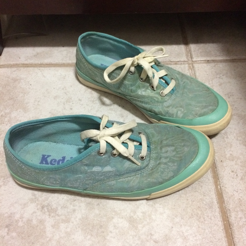 Women’s Keds Aqua Blue-Green Running Shoes Canvas-Style Patterned Shiny Floral